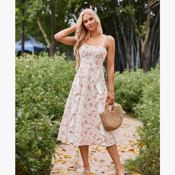 belle poque Dresses & Skirts - Chic Floral Midi Dress in White and Pink